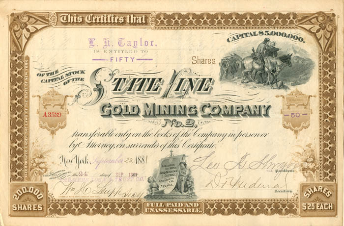 State Line Gold Mining Co. No. 2 - Stock Certificate